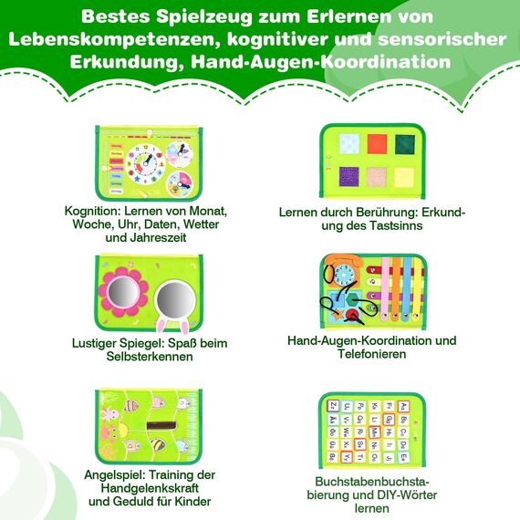 JHkim Montessori Busy Board Deutsch, Kinder Spielzeug ab 1 2 3 4 Jahre, Activity Board Busy Book, Geschenke für Junge Mädchen, Kinder Sensorik Lernspielzeug, Motorikbrett für Reise Auto Flugzeug, Grün