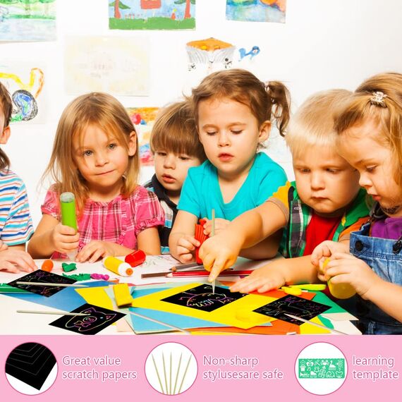 Vicloon Kratzbilder Kinder, 50 Blätter Regenbogen Kratzpapier,5 Holzstifte,4 Malschablonen, Magic Scratch Book, Kratzpapier Set zum Zeichnen und Basteln, 8.5 * 8.5cm…