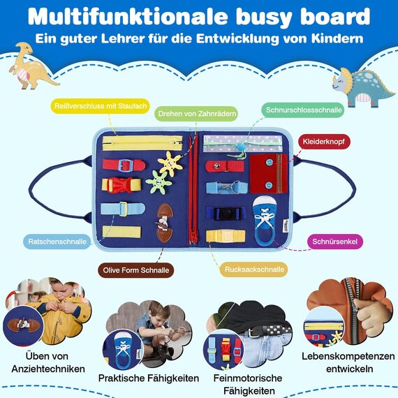 JHkim Busy Board Deutsch Montessori Spielzeug ab 1 2 3 4 Jahre, Geschenk für Jungen & Mädchen, Kinder Lernspielzeug Activity Busy Book, Kinder Motorikspielzeug, Motorikbrett für Reise/Auto/Flugzeug
