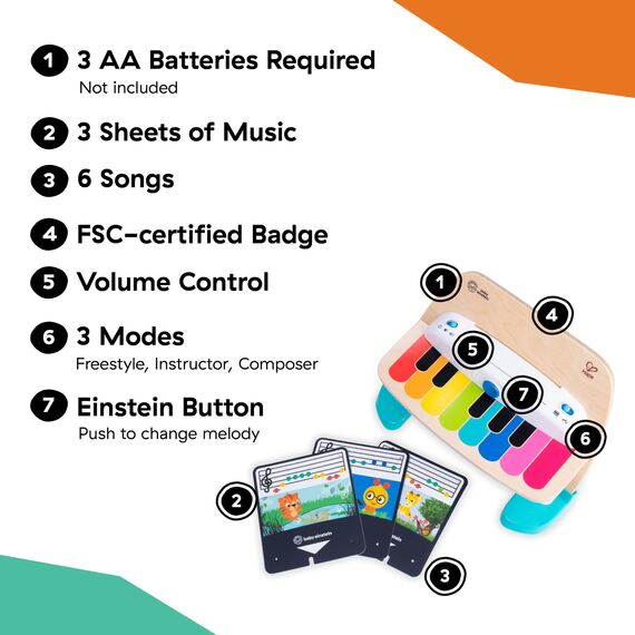 Baby Einstein, Hape, Holzspielzeug Magic Touch Piano , Musikspielzeug Klavier aus Holz für Kinder, Musikinstrumente mit 3 Notenblättern und 6 Liedern, Aktivität und Sensorisches Spielzeug, 6 Monaten+