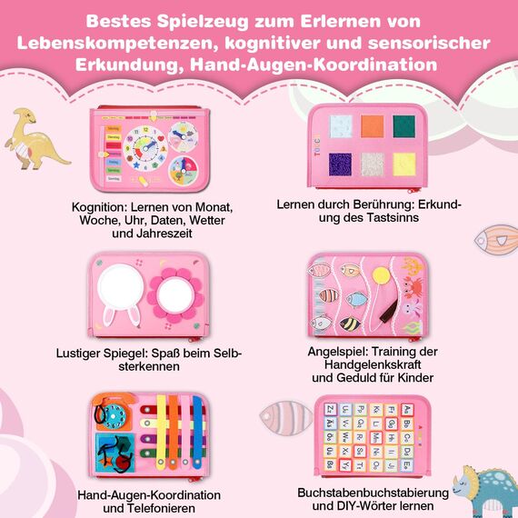 JHkim Busy Board Deutsch Montessori Spielzeug ab 1 2 3 4 Jahre, Jungen & Mädchen Kinder Sensorik Geschenk, Activity Board Busy Book Lernspielzeug, Motorikspielzeug für Reise Auto & Flugzeug, Rosa