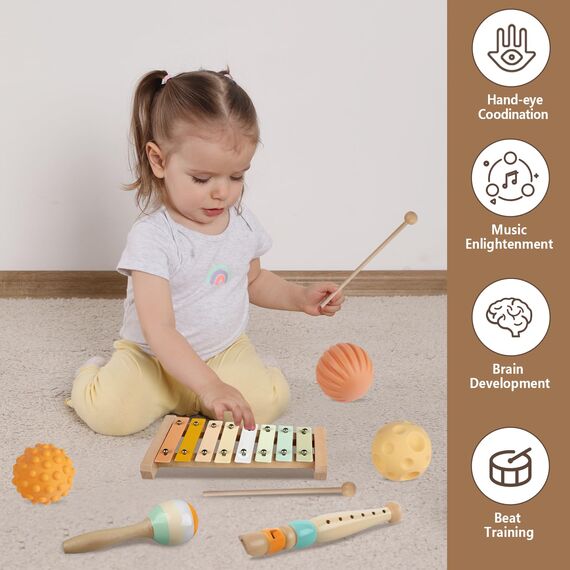 Babyspielzeug für 6 bis 12 Monate alte Babys, Montessori-Spielzeug. Enthält Holzstapelsteine, Zahnungspielzeug für Säuglinge, Sensorikbälle und EIN Xylophon-Musikspielzeug für Kleinkinder über 1 Jahr