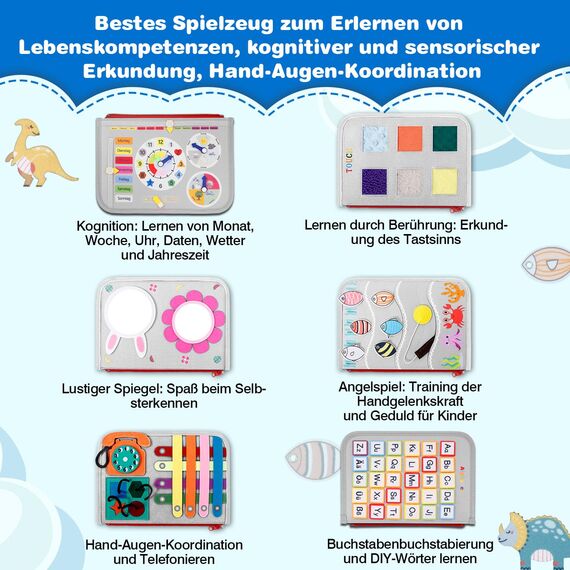JHkim Montessori Busy Board Deutsch, Kinder Spielzeug ab 1 2 3 4 Jahre, Activity Board Busy Book, Geschenke für Junge Mädchen, Kinder Sensorik Lernspielzeug, Motorikbrett für Reise Auto Flugzeug, Grau
