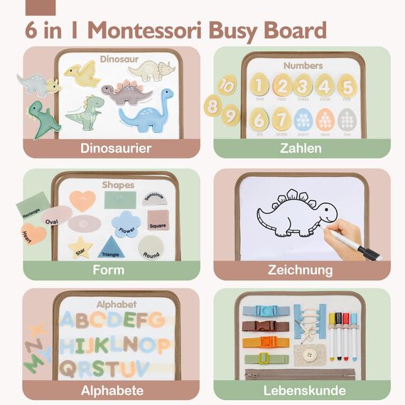 hahaland Dinosaurier Thema Busy Board mit DIY Zeichnungen, Activity Board Montessori Spielzeug ab 3 Jahre, Quiet Book für Reise Autofahrt Flugzeug, Motorikspielzeug Geschenk 3 Jahre Jungen Mädchen