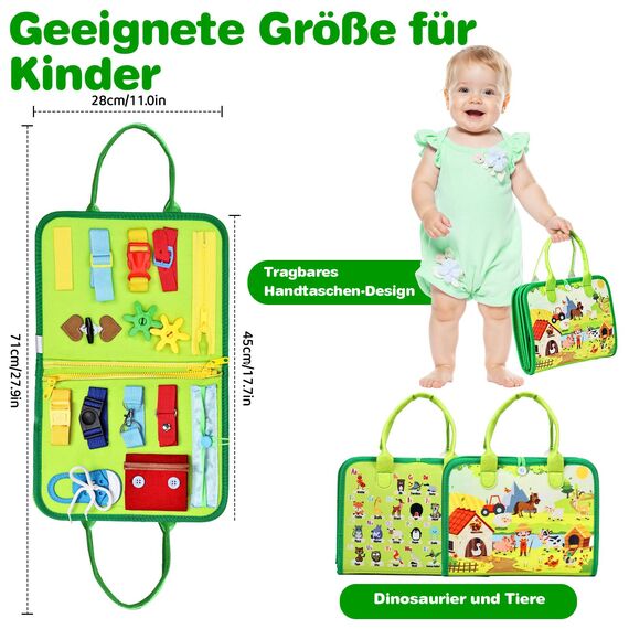 JHkim Montessori Busy Board Deutsch, Kinder Spielzeug ab 1 2 3 4 Jahre, Activity Board Busy Book, Geschenke für Junge Mädchen, Kinder Sensorik Lernspielzeug, Motorikbrett für Reise Auto Flugzeug, Grün