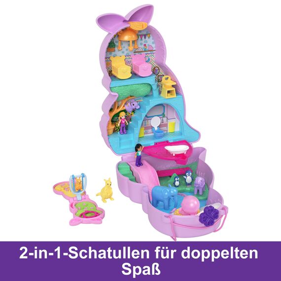 Polly Pocket Mama und Joey Känguru Tasche - 2-in-1-Spielset mit Tierkinderzimmer, 2 Puppen, 7 Tieren und Zubehör, inklusive weichem Beutel und Schatulle, perfekt für unterwegs, ab 4 Jahren, HKV50
