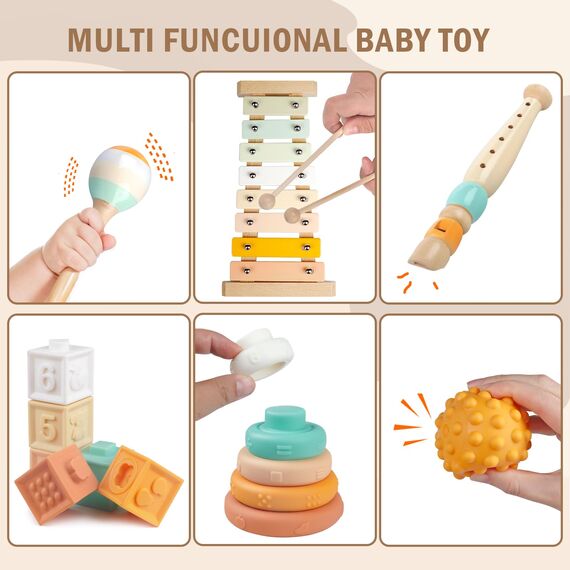 Babyspielzeug für 6 bis 12 Monate alte Babys, Montessori-Spielzeug. Enthält Holzstapelsteine, Zahnungspielzeug für Säuglinge, Sensorikbälle und EIN Xylophon-Musikspielzeug für Kleinkinder über 1 Jahr
