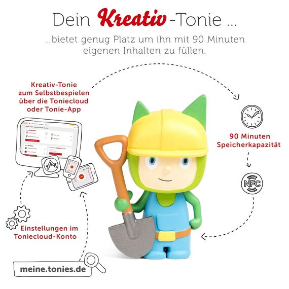 tonies Hörfiguren für Toniebox, Kreativ Bauarbeiter, zum Selbstbespielen, 90 Minuten Speicher für eigene Aufnahmen, Musik oder Gute-Nacht-Geschichten, geeignet für Kinder ab 3 Jahren