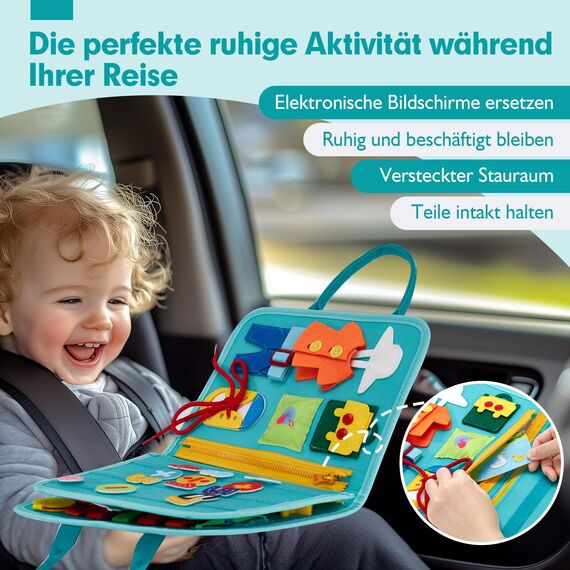 hahaland Busy Board Montessori Spielzeug, Interaktives Lernspielzeug und Motorikspielzeug für Kinder 3+ mit 15 Aktivitäten, Activity Board für Reise Autofahrt Flugzeug, Busy Book Geschenk 3 Jahre