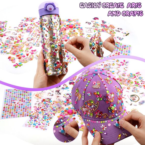 Geschenke für Mädchen DIY Trinkflasche und Baseballkappe, Wasserflaschen Hut Selbst Gestalten Edelstein Einhorn Aufklebern Kinder, Geburtstag Geschenk Mädchen 4 5 6 7 8 9 10 11 12 Jahre Bastelset