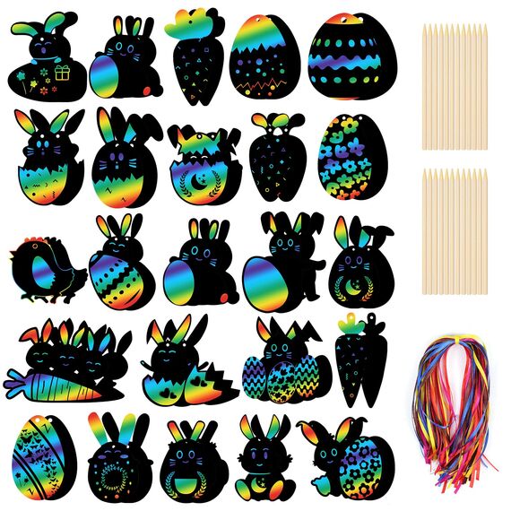 Vicloon Ostern Kratzbild Kinder, 48 Stück Hase Kratzpapier, Osterhasen Regenbogen Scratch Art DIY Dekoration für Ostern Party Mitgebsel (Oeuf)