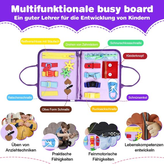 JHkim Montessori Busy Board Deutsch, Kinder Spielzeug ab 1 2 3 4 Jahre, Activity Board Busy Book, Geschenke für Junge Mädchen, Kinder Sensorik Lernspielzeug, Motorikbrett für Reise Auto Flugzeug