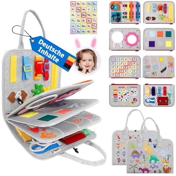 JHkim Montessori Busy Board Deutsch, Kinder Spielzeug ab 1 2 3 4 Jahre, Activity Board Busy Book, Geschenke für Junge Mädchen, Kinder Sensorik Lernspielzeug, Motorikbrett für Reise Auto Flugzeug, Grau