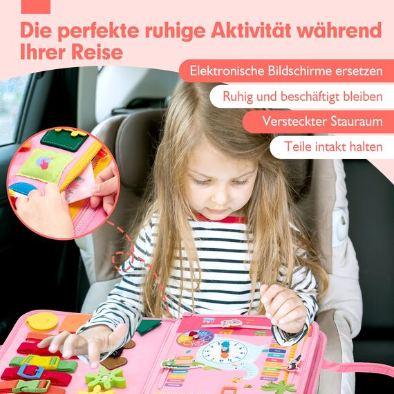 hahaland Busy Board Montessori Spielzeug, Interaktives Lernspielzeug und Motorikspielzeug für Kinder 3+ mit 15 Aktivitäten, Activity Board für Reise Autofahrt Flugzeug, Busy Book Geschenk 3 Jahre