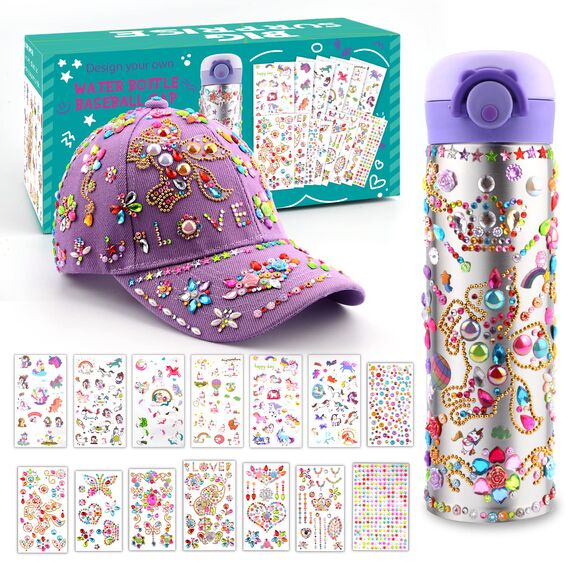 Geschenke für Mädchen DIY Trinkflasche und Baseballkappe, Wasserflaschen Hut Selbst Gestalten Edelstein Einhorn Aufklebern Kinder, Geburtstag Geschenk Mädchen 4 5 6 7 8 9 10 11 12 Jahre Bastelset