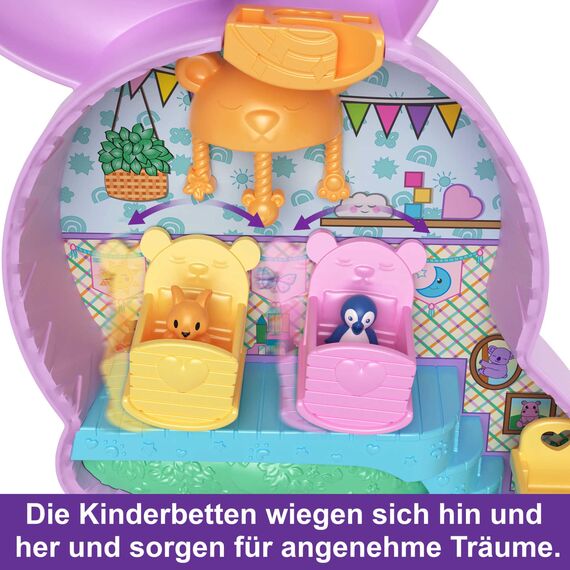 Polly Pocket Mama und Joey Känguru Tasche - 2-in-1-Spielset mit Tierkinderzimmer, 2 Puppen, 7 Tieren und Zubehör, inklusive weichem Beutel und Schatulle, perfekt für unterwegs, ab 4 Jahren, HKV50