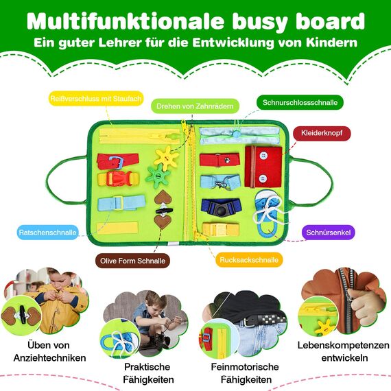 JHkim Montessori Busy Board Deutsch, Kinder Spielzeug ab 1 2 3 4 Jahre, Activity Board Busy Book, Geschenke für Junge Mädchen, Kinder Sensorik Lernspielzeug, Motorikbrett für Reise Auto Flugzeug, Grün