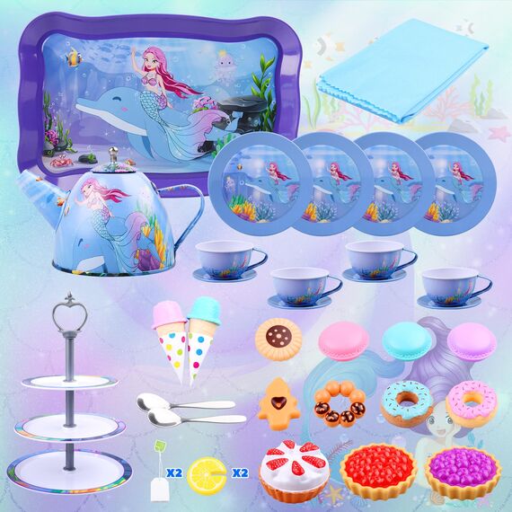 Auney 36 Pcs Teeservice Kinder,Meerjungfrau Spielzeug Kinderküche Zubehör Tragekoffer mit Zinn Tee Set,Mermaid Tea Service Kindergeschirr Spielküche Teeparty Rollenspiel für Geschenk Mädchen Spielzeug