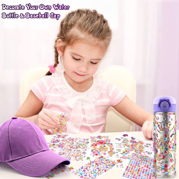 Geschenke für Mädchen DIY Trinkflasche und Baseballkappe, Wasserflaschen Hut Selbst Gestalten Edelstein Einhorn Aufklebern Kinder, Geburtstag Geschenk Mädchen 4 5 6 7 8 9 10 11 12 Jahre Bastelset