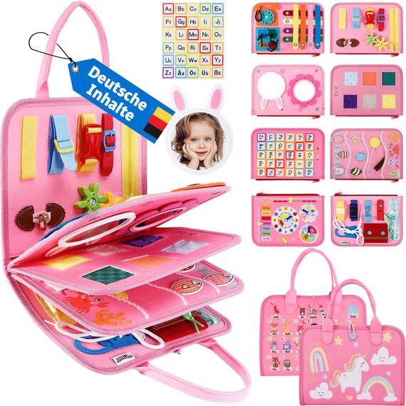 JHkim Busy Board Deutsch Montessori Spielzeug ab 1 2 3 4 Jahre, Jungen & Mädchen Kinder Sensorik Geschenk, Activity Board Busy Book Lernspielzeug, Motorikspielzeug für Reise Auto & Flugzeug, Rosa