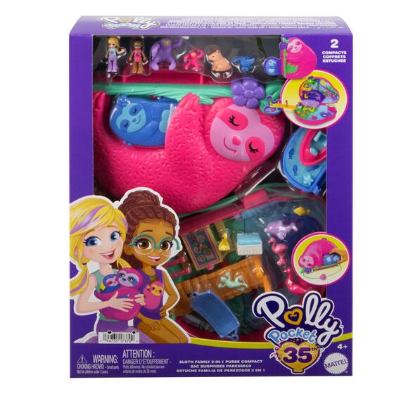Polly Pocket Faultierfamilie 2-in-1 Taschenschatulle - Tropisches Abenteuer mit 12 Accessoires, Dschungelspielbereiche und versteckter Strand, für Kinder ab 4 Jahren, HRD40