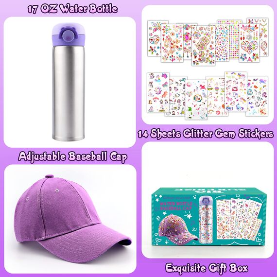 Geschenke für Mädchen DIY Trinkflasche und Baseballkappe, Wasserflaschen Hut Selbst Gestalten Edelstein Einhorn Aufklebern Kinder, Geburtstag Geschenk Mädchen 4 5 6 7 8 9 10 11 12 Jahre Bastelset