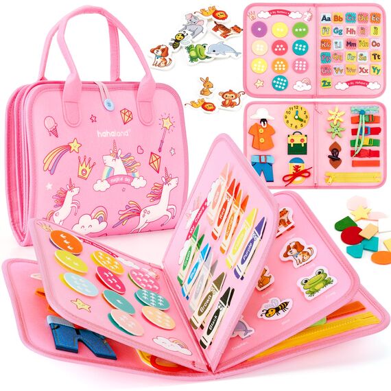 hahaland Activity Board Montessori Spielzeug, 7 in 1 Busy Board, Motorikspielzeug und Lernspielzeug Entwickeln Sensory Feinmotorik, Busy Book für Reise Autofahrt, Geschenk Mädchen 3 Jahre (Einhorn)