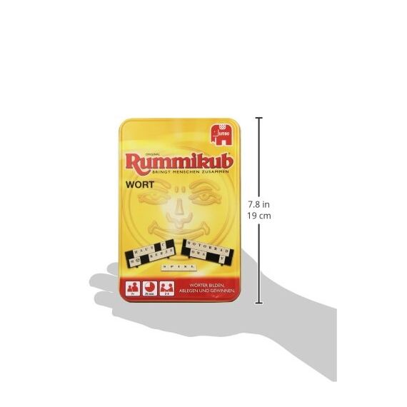 Jumbo Spiele Original Rummikub Wort in Metalldose - Das kultige Gesellschaftsspiel in der kompakten Dose - Für Erwachsene und Kinder ab 7 Jahren Mehrfarbig