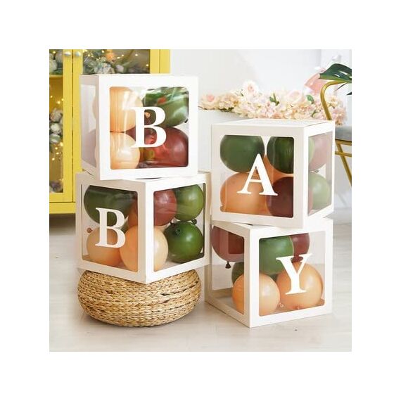 Babyparty Boxen Deko für Mädchen Jungen, 4 Stück Transparente Ballon Boxen mit 27 Buchstaben(B+A-Z), Baby Luftballon Box für Baby Shower 1. Geburtstag, Babyparty Box Dekorationen, Gender Reveal Party