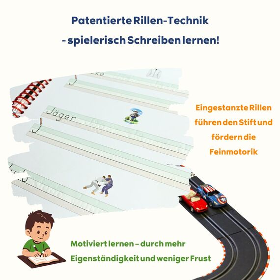 SCHREIBPILOT Schreiblernheft für ABC-Schützen mit vorgeprägten ein-bis dreisilbrigen Wörtern | Lernsystem entwickelt von Lehrern, Professoren und Schülern