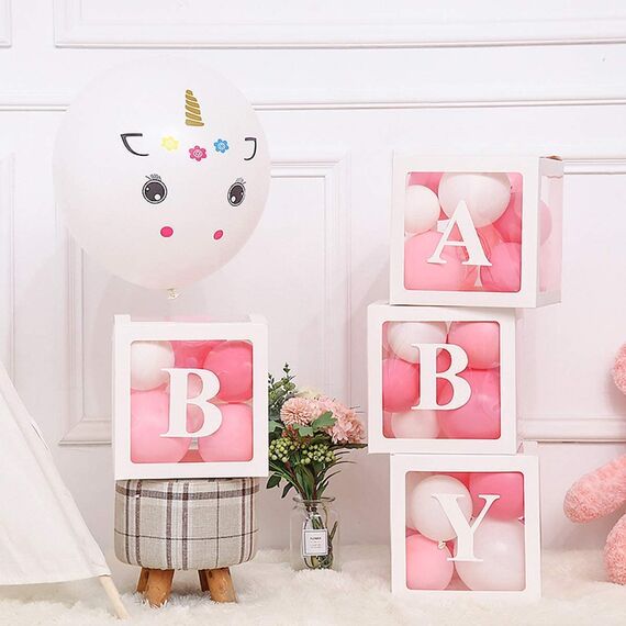Babyparty Boxen Deko für Mädchen Jungen, 4 Stück Transparente Ballon Boxen mit 27 Buchstaben(B+A-Z), Baby Luftballon Box für Baby Shower 1. Geburtstag, Babyparty Box Dekorationen, Gender Reveal Party