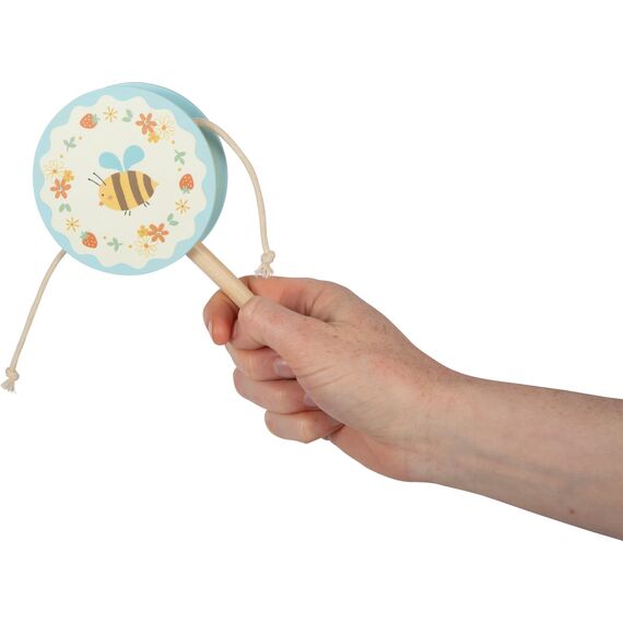small Foot Affentrommel Kleine Freunde aus Holz, handliches Musikspielzeug mit Blumen- und Bienenmotiv, Trommel für Kinder ab 24 Monaten, 12718, Blau