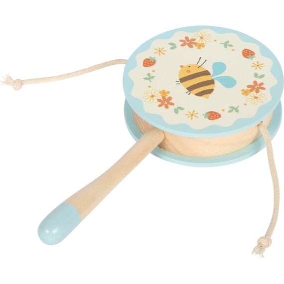 small Foot Affentrommel Kleine Freunde aus Holz, handliches Musikspielzeug mit Blumen- und Bienenmotiv, Trommel für Kinder ab 24 Monaten, 12718, Blau