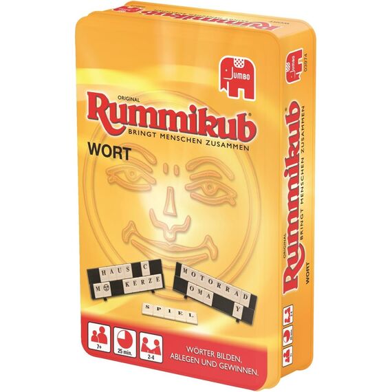 Jumbo Spiele Original Rummikub Wort in Metalldose - Das kultige Gesellschaftsspiel in der kompakten Dose - Für Erwachsene und Kinder ab 7 Jahren Mehrfarbig