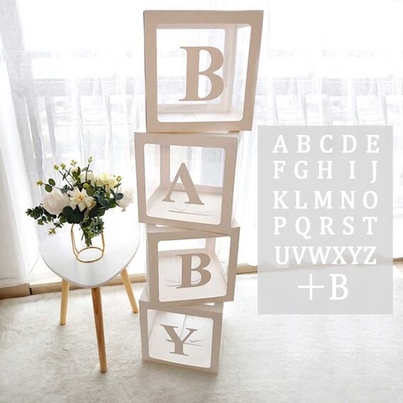 Babyparty Boxen Deko für Mädchen Jungen, 4 Stück Transparente Ballon Boxen mit 27 Buchstaben(B+A-Z), Baby Luftballon Box für Baby Shower 1. Geburtstag, Babyparty Box Dekorationen, Gender Reveal Party