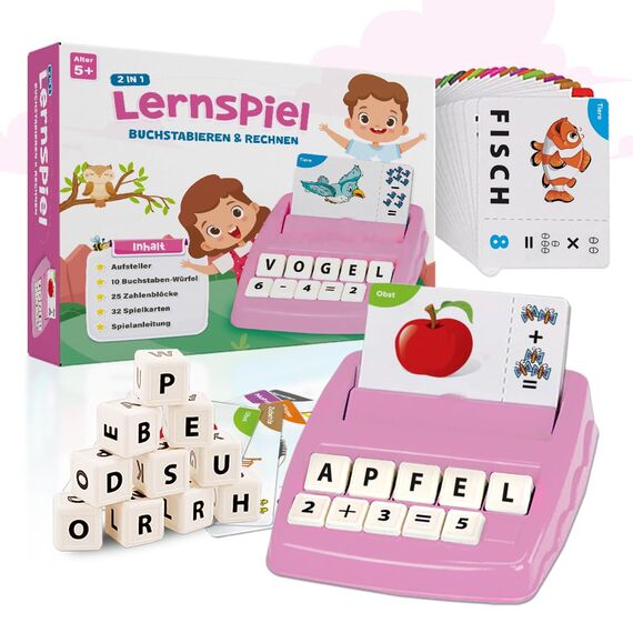 NIYYAH Buchstaben Lernspiel ABC Montessori Lernen ab 4 5 6 Jahre Vorschule Zahlen Rechnen Schulanfänger 1 Klasse Geschenk für Vorschulkind Lernspielzeug Einschulung (Rosa)