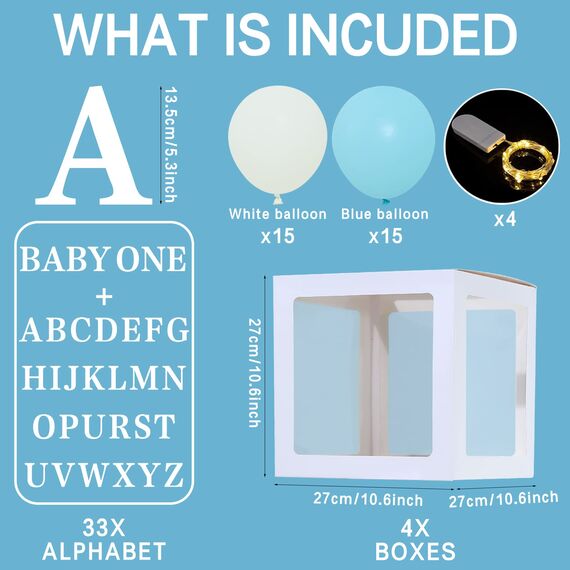 Babyparty Deko Box Junge, 30 Blau Weiße Luftballons, 4 Transparente Ballonboxen mit 4 Lichterketten und 33 Buchstaben (BABY+ONE+A-Z), Baby Shower Deko Boxen für Babyparty, Geburtstags, Gender Reveal