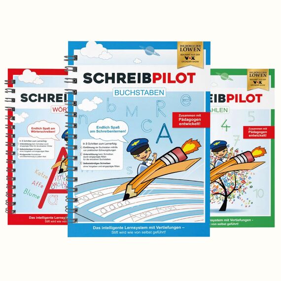 SCHREIBPILOT 3er Set Schreiblernhefte für ABC-Schützen mit vorgeprägten Buchstaben, Zahlen und Wörtern | Lernsystem entwickelt von Lehrern, Professoren und Schülern