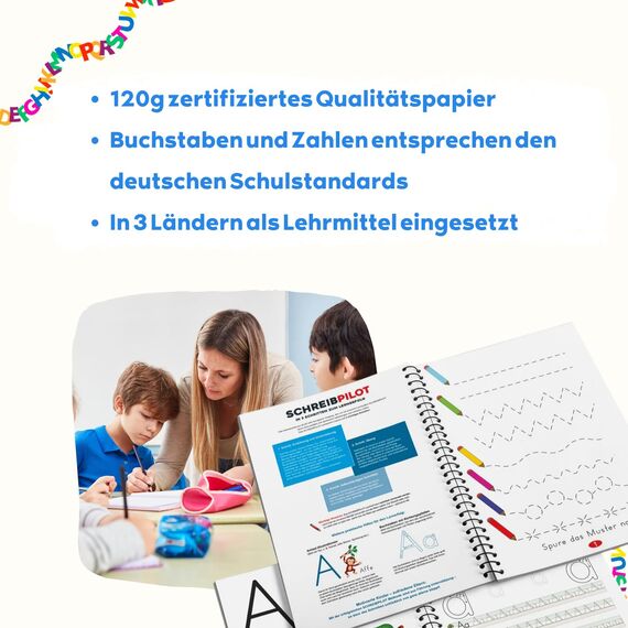 SCHREIBPILOT 3er Set Schreiblernhefte für ABC-Schützen mit vorgeprägten Buchstaben, Zahlen und Wörtern | Lernsystem entwickelt von Lehrern, Professoren und Schülern