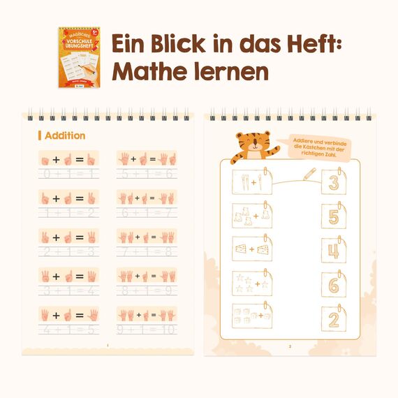 Edubini Magische Vorschule Übungshefte ab 5 Jahren für Junge & Mädchen - [Heft + Stift] - Wiederverwendbare Schreiblernhefte für Vorschule - Addition lernen