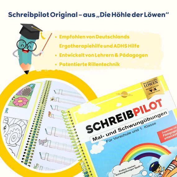 SCHREIBPILOT Schreiblernheft für ABC-Schützen mit vorgeprägten Mal- und Schwungübungen für Kindergarten- und Vorschulkinder | Lernsystem entwickelt von Lehrern, Professoren und Schülern