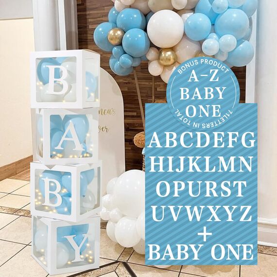 Babyparty Deko Box Junge, 30 Blau Weiße Luftballons, 4 Transparente Ballonboxen mit 4 Lichterketten und 33 Buchstaben (BABY+ONE+A-Z), Baby Shower Deko Boxen für Babyparty, Geburtstags, Gender Reveal