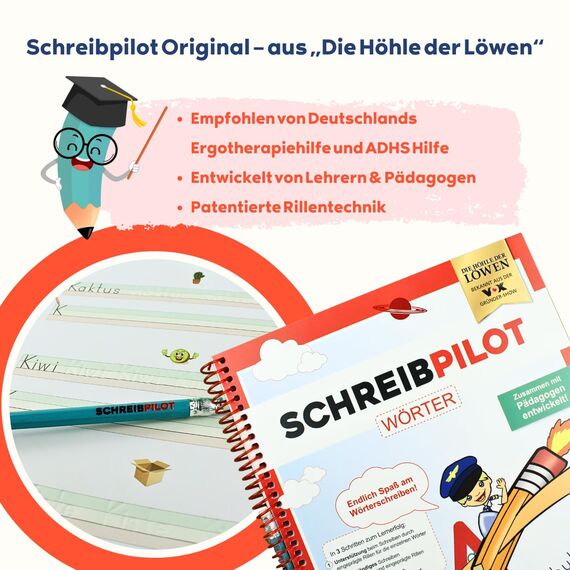 SCHREIBPILOT Schreiblernheft für ABC-Schützen mit vorgeprägten ein-bis dreisilbrigen Wörtern | Lernsystem entwickelt von Lehrern, Professoren und Schülern