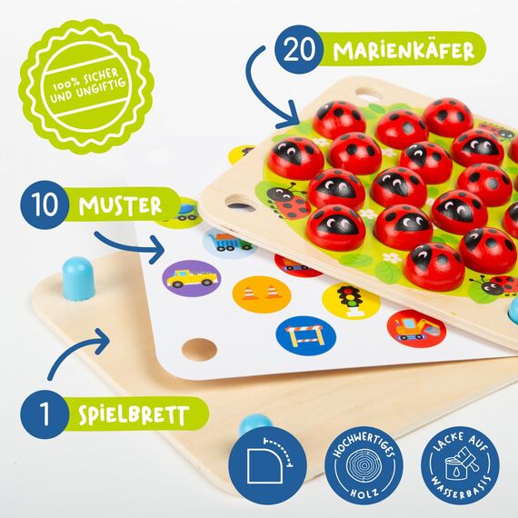 Nene Toys Marienkäfer-Garten, Gedächtnisspiel aus FSC® Holz für Kinder ab 3 Jahren – Pädagogisches Brettspiel mit 10 lustigen Mustern – Montessori Memo-Spiel – Geschenk Jungen Mädchen ab 3 4 5 Jahren