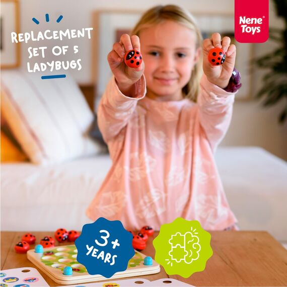 Nene Toys Set mit 5 Holzersatzstücken für das Marienkäfer-Matchspiel - Premium handgefertigte Holzmarienkäfer zur Bereicherung Ihres Spielerlebnisses [Ideal für verlorene oder fehlende Spielfiguren]
