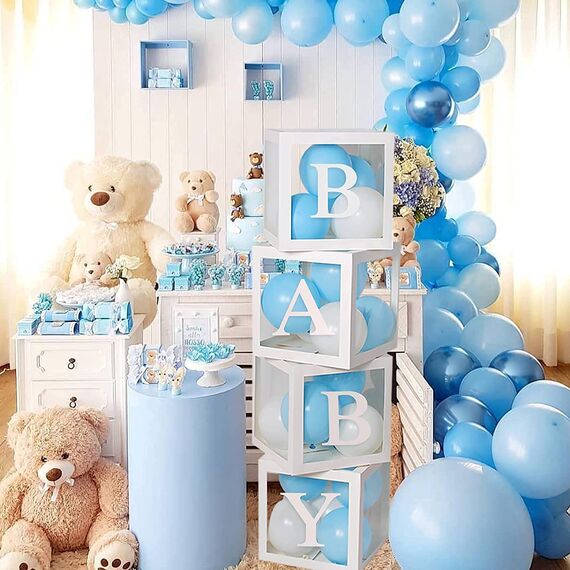 Babyparty Boxen Deko für Mädchen Jungen, 4 Stück Transparente Ballon Boxen mit 27 Buchstaben(B+A-Z), Baby Luftballon Box für Baby Shower 1. Geburtstag, Babyparty Box Dekorationen, Gender Reveal Party