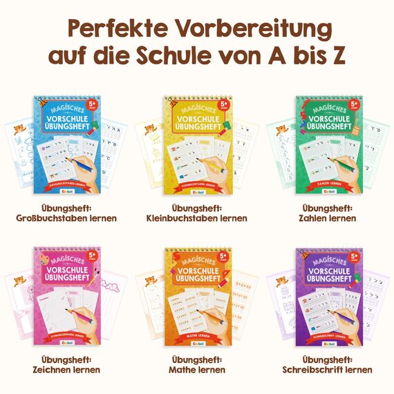 Edubini Magische Vorschule Übungshefte ab 5 Jahren für Junge & Mädchen - [6 Hefte + Stift] - Wiederverwendbare Schreiblernhefte für Vorschule - Buchstaben lernen, Schreiben lernen (6er Set)