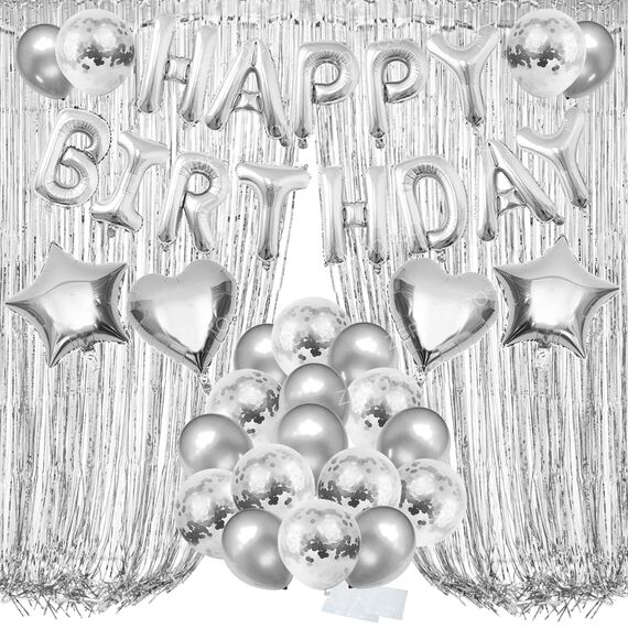 ZERODECO Geburtstagsdeko Silber Set, Happy Birthday Buchstaben Ballons Folienvorhänge Mylarfolie Stern und Herzform Ballons Konfetti Luftballons