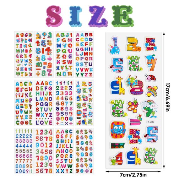 Cobee 3D Nummern Buchstaben Aufkleber für Kinder, 12 Blätter Bunte Alphabet Aufkleber geschwollene Kinder Aufkleber Selbstklebende Nummern Aufkleber DIY Dekoration Aufkleber für Mädchen Jungen