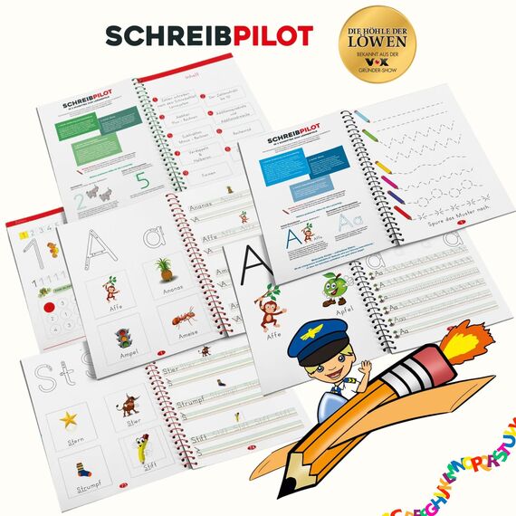 SCHREIBPILOT 3er Set Schreiblernhefte für ABC-Schützen mit vorgeprägten Buchstaben, Zahlen und Wörtern | Lernsystem entwickelt von Lehrern, Professoren und Schülern